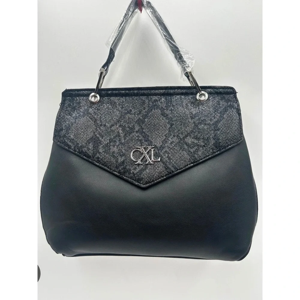 CXL by Christian Lacroix Black Faux Leather Python Embossed Satchel Handbag NWT
